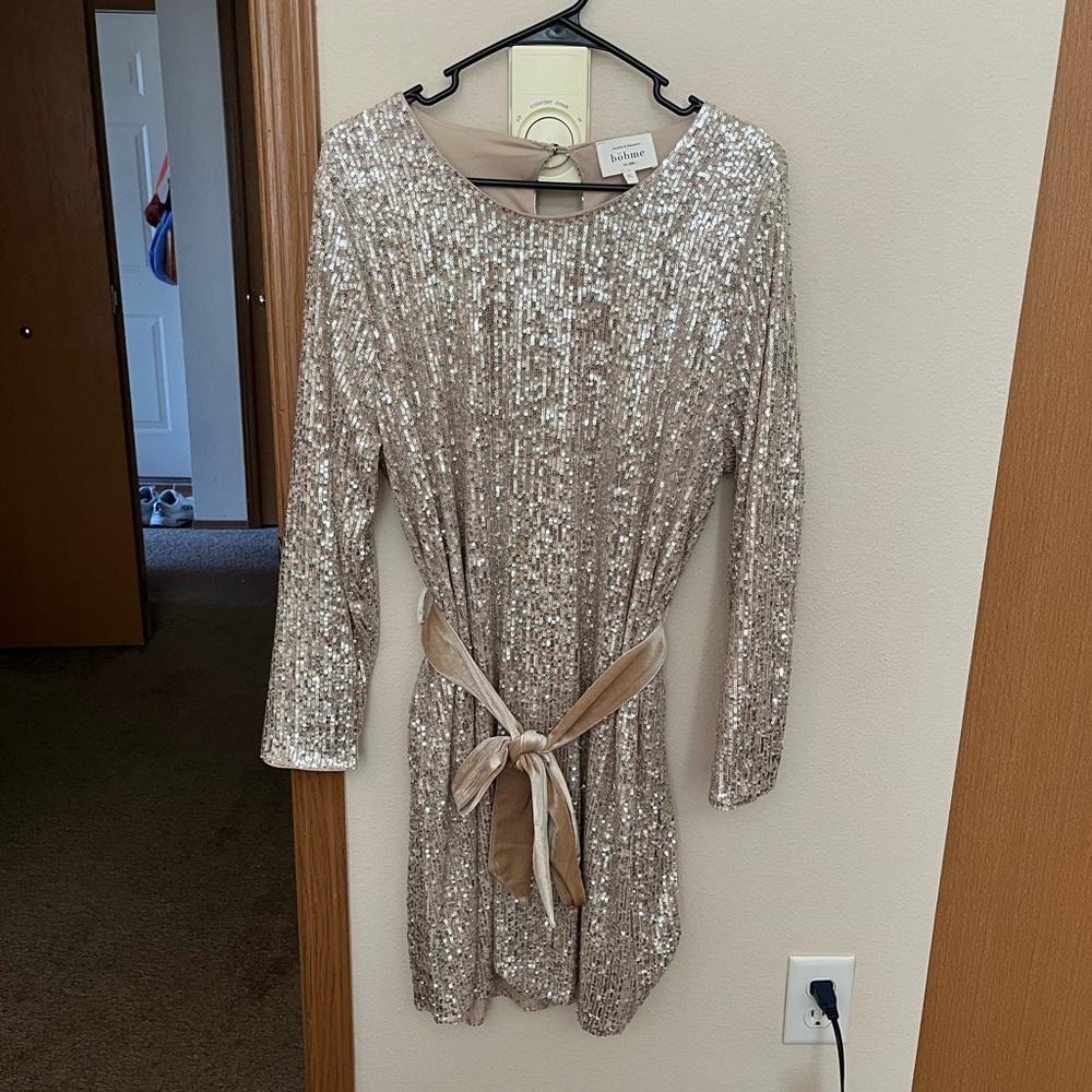bohme Champagne Sequin Mini Dress with Sash